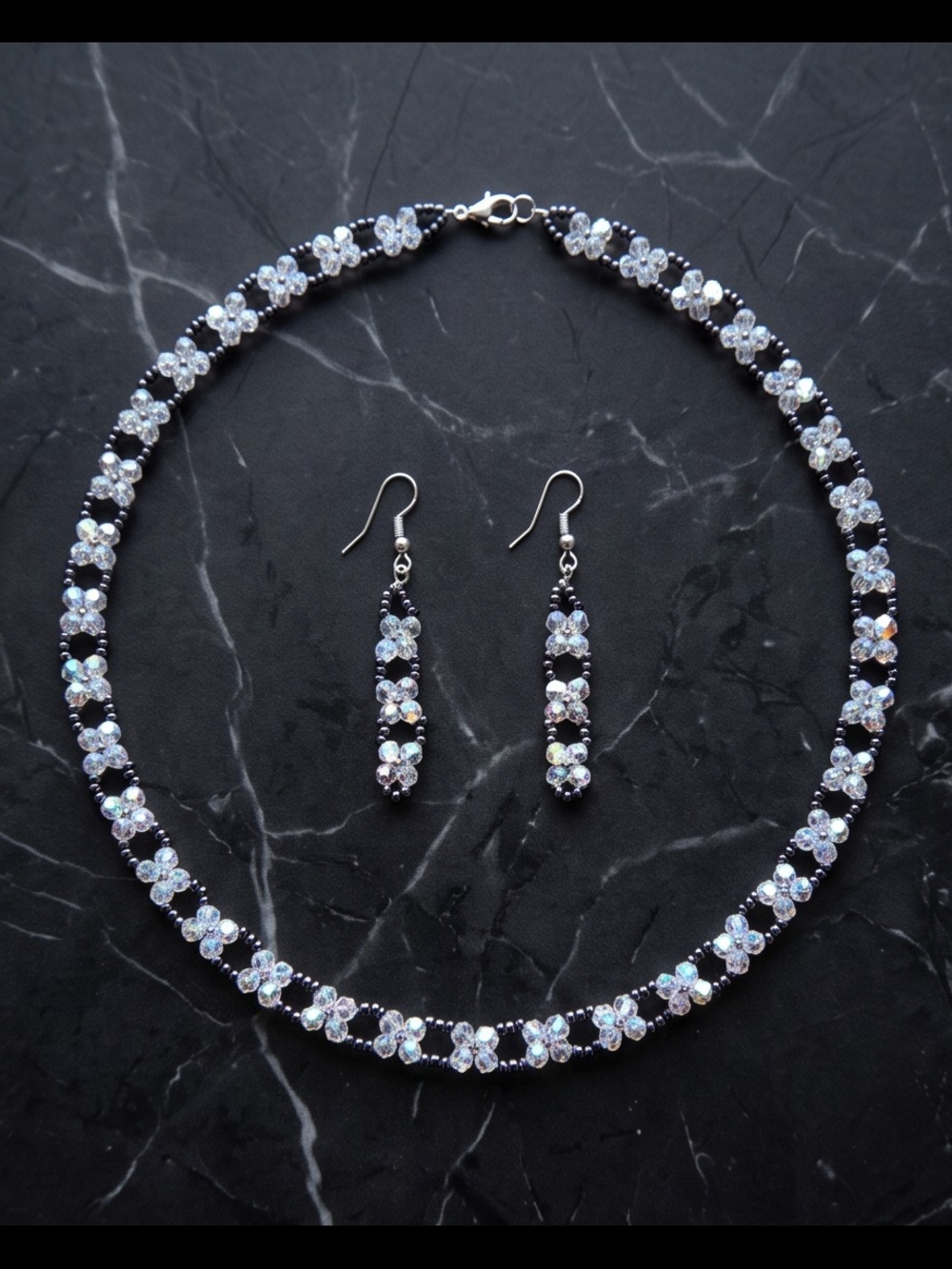 Crystal Floral Drop Earrings and Necklace Set - White Crystal